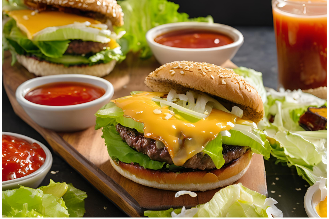 1 - A finished burger in a sesame seed bun with crisp lettuce, onions, pickles, and ketchup