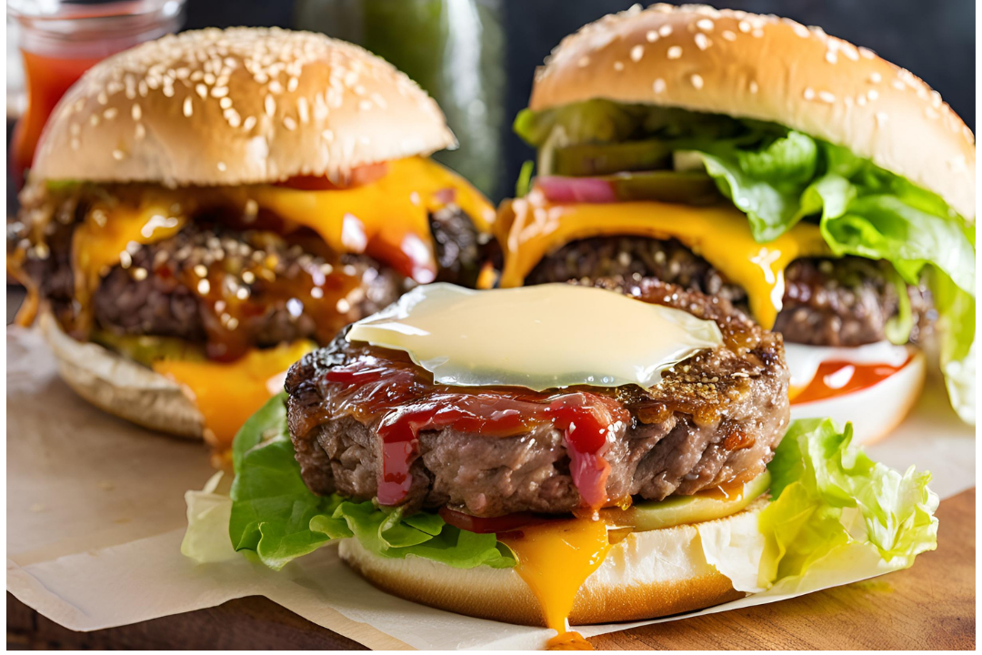 1 - Melted cheese layered between the patties, oozing over the edges