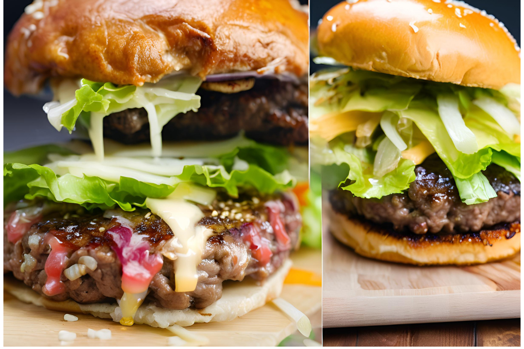 1 - Two thick, seasoned beef patties sizzling on a grill, juices glistening