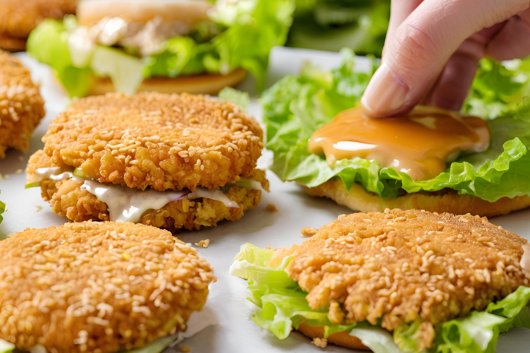 13 - Crispy, breaded chicken patties being fried to golden perfection