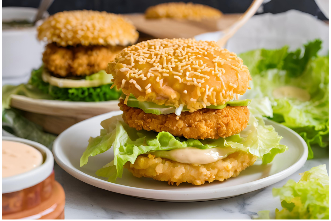 13 - The completed Big Mac with lettuce, pickles, and chicken in a three-part sesame bun