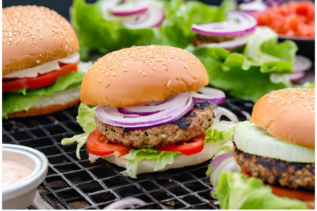 14 - Plant-based patty grilling with a smoky sear