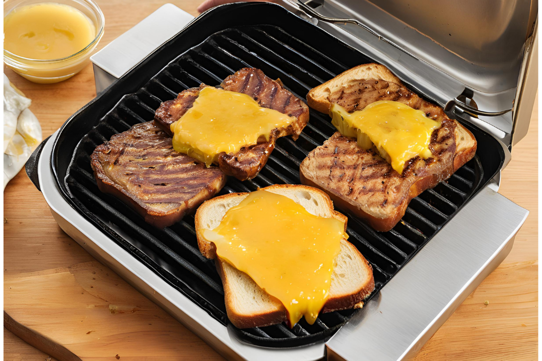 17 - Thick beef patty cooking on a flat-top grill, juices sizzling