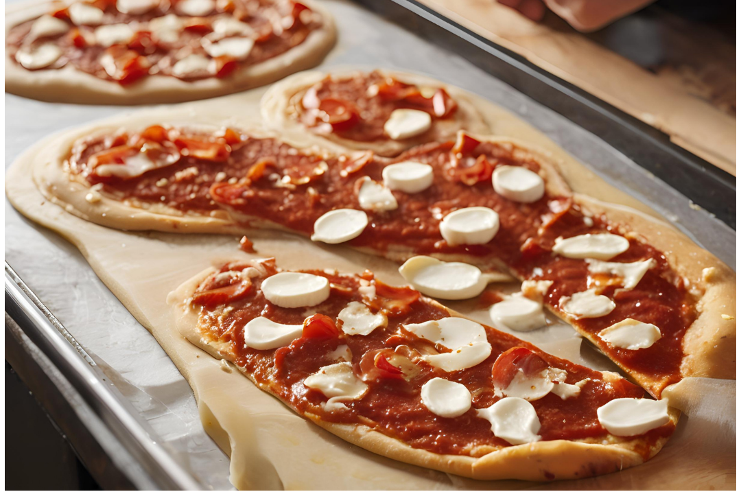 20 - Sauce and Toppings_ A rich, tangy tomato sauce is spread evenly, topped with fresh mozzarella and pepperoni slices