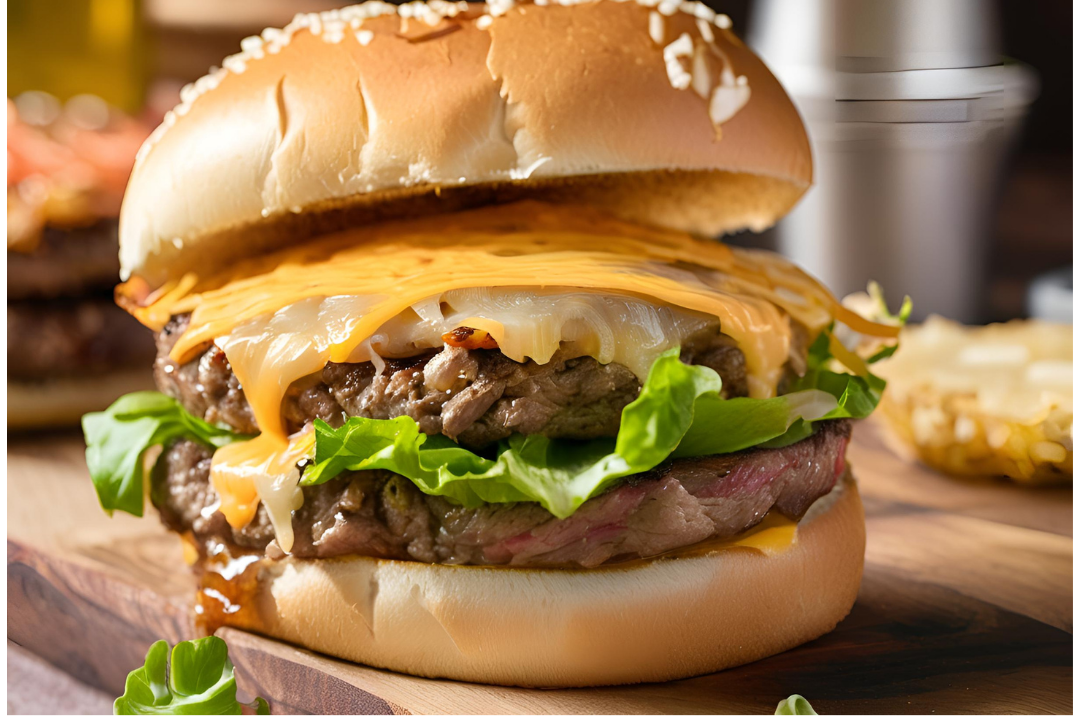 3 - The burger layered with lettuce, tomato, and onions, all inside a toasted bun