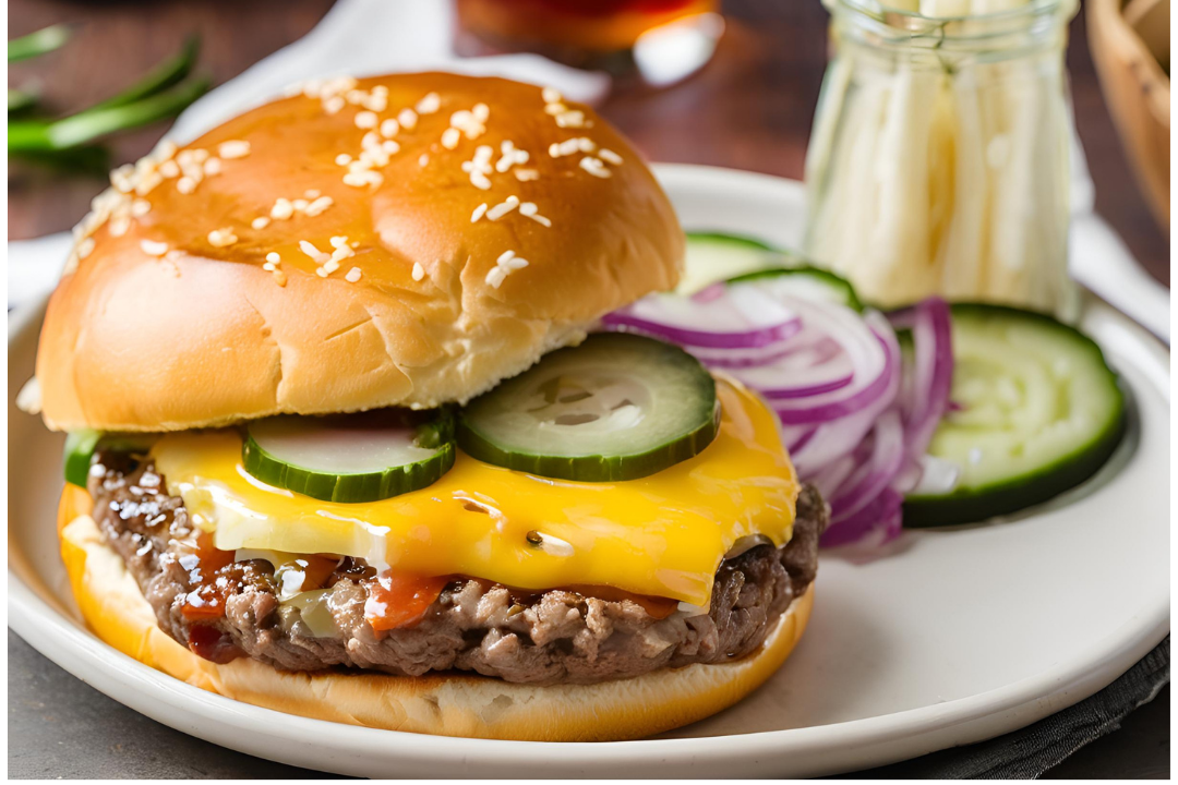 4 - Two thin beef patties sizzling side by side, seasoned to perfection