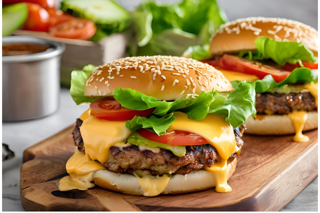 5 - A towering burger, stacked with all the classic ingredients and enclosed in a toasted bun