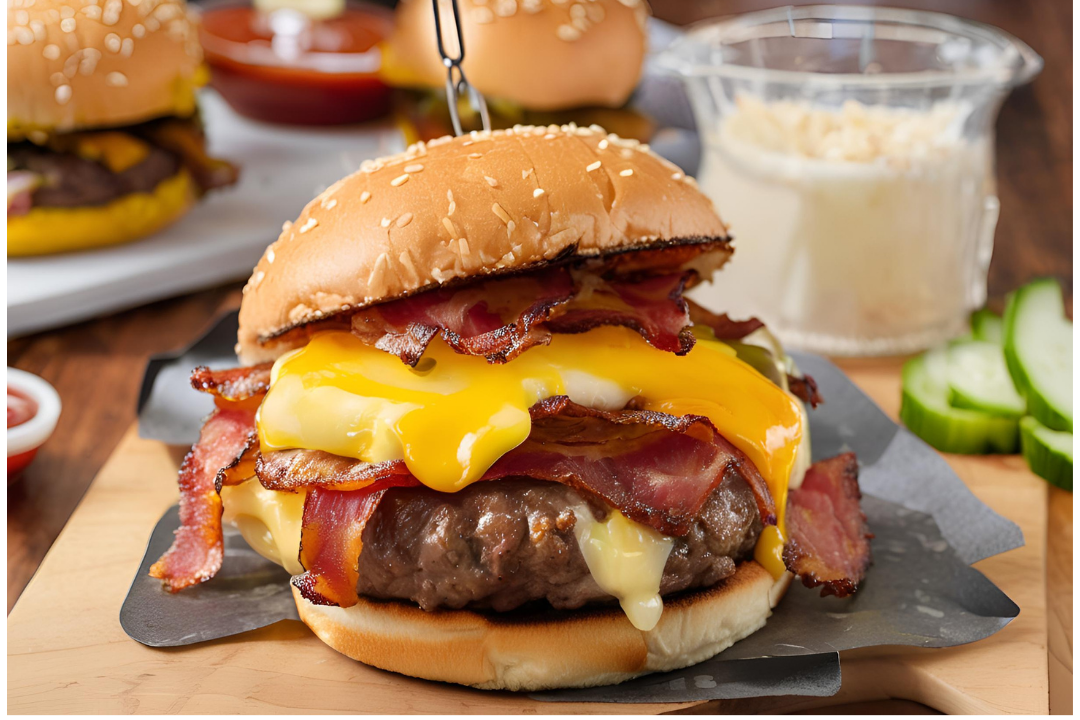 8 - A towering burger with pickles, onions, ketchup, and mustard in a toasted bun