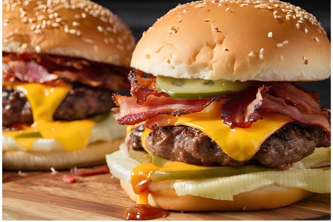 8 - Two beef patties sizzling on a hot griddle, seasoning visible